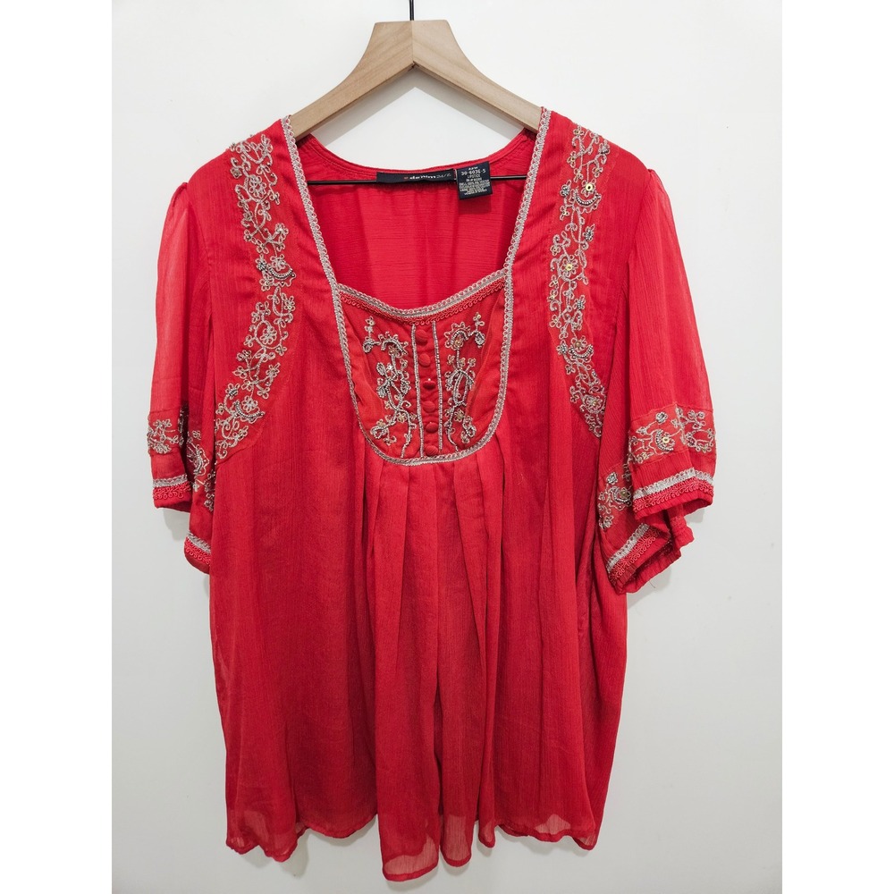 Denim‎ 24/7 Red Embroidered Sequin Square Neck Blouse Plus Size 22W 30-6036-5